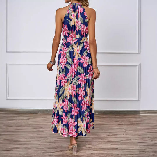 Damen Plissiertes Maxikleid mit tiefem Halterneck und floraler Taillierung EB