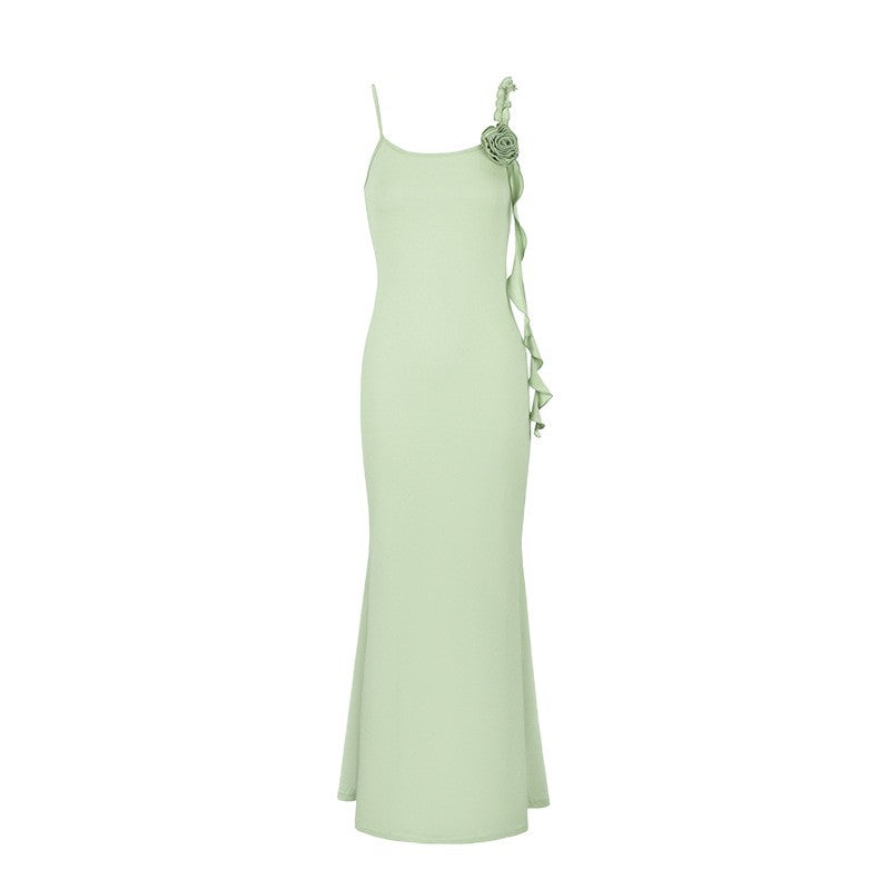 Damen Elegantes Maxikleid mit floralem Necktie und asymmetrischen Rüschen EB
