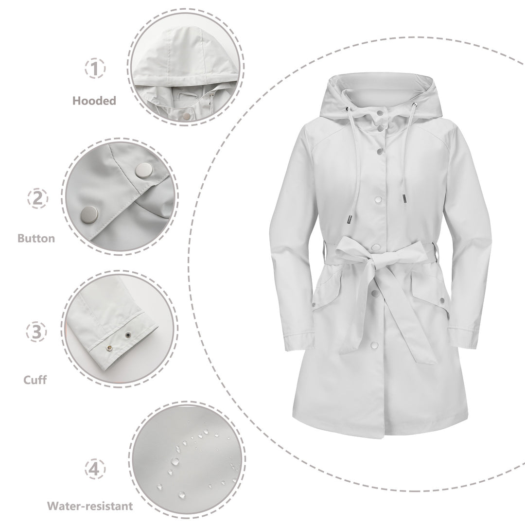 Damen wasserfeste Übergangsjacke mit verstellbarem Kapuzenkragen und Taillengürtel EB
