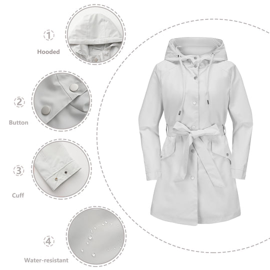 Damen wasserfeste Übergangsjacke mit verstellbarem Kapuzenkragen und Taillengürtel EB