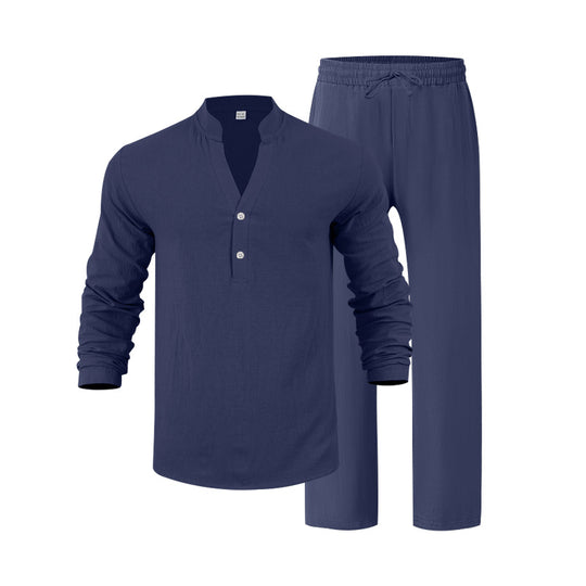 Herren entspannendes Langarm-Hemd & Freizeithose Set EB