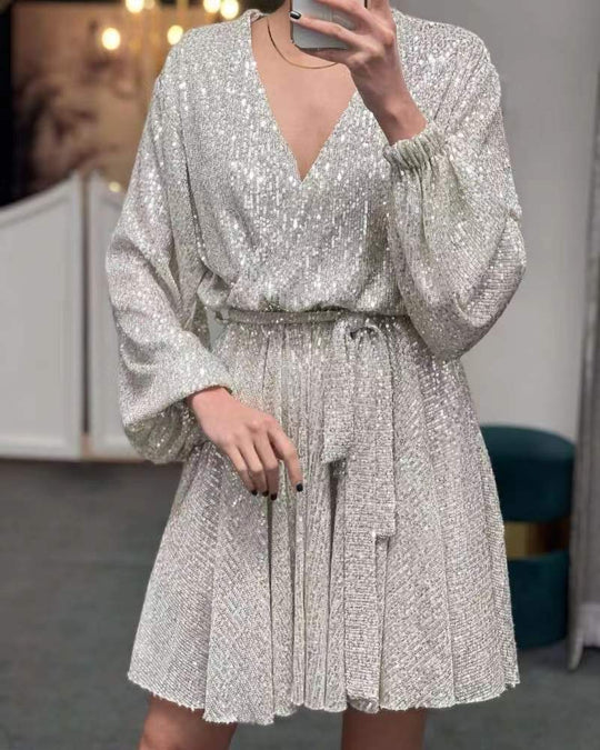 Damen funkelndes Cocktailkleid mit V-Ausschnitt und Taillengürtel EB