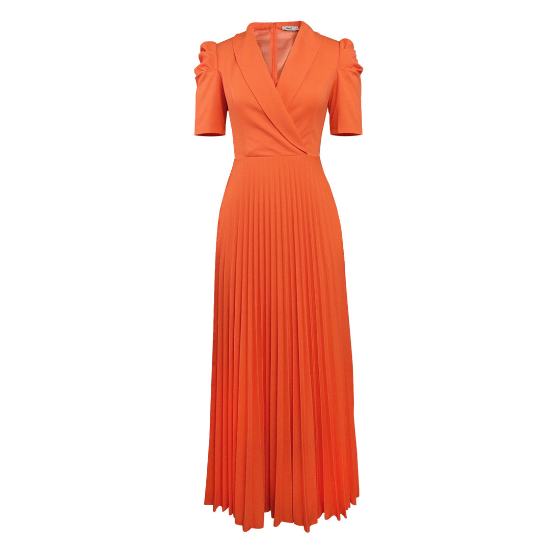 Damen elegantes Wickelkleid mit plissiertem Rock und Puffärmeln EB