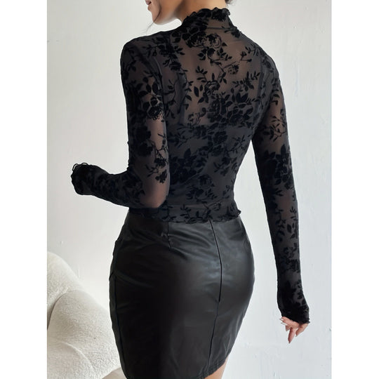 Damen Langarmshirt mit floralem Chiffon und transparenten Details EB