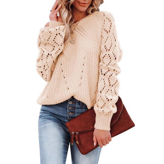 Damen Strickpullover mit elegantem Lochmuster und voluminösen Ärmeln EB