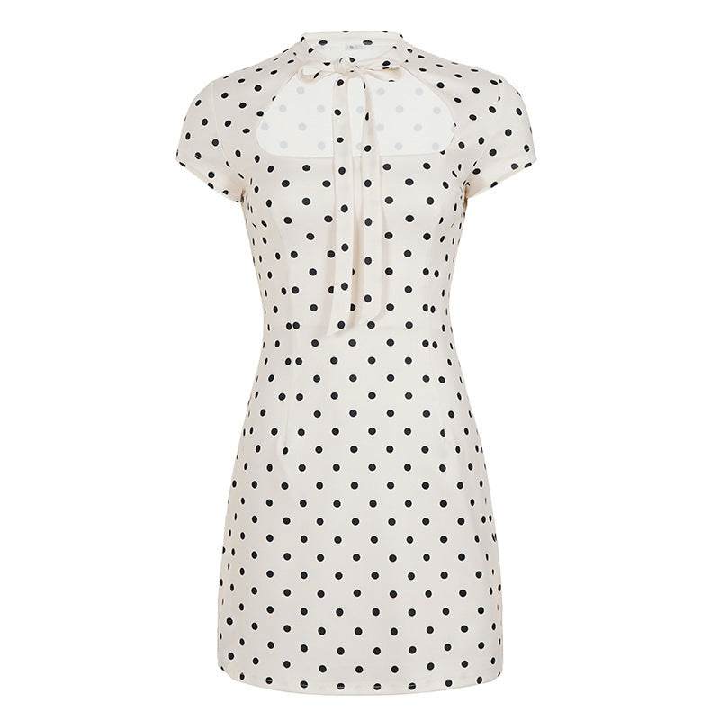 Damen Polka-Dots Minikleid mit modernem Kragen und verspieltem Schleifendetail EB