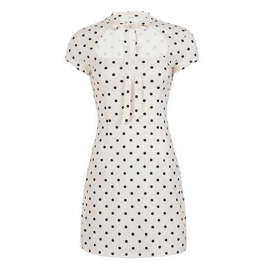 Damen Polka-Dots Minikleid mit modernem Kragen und verspieltem Schleifendetail EB