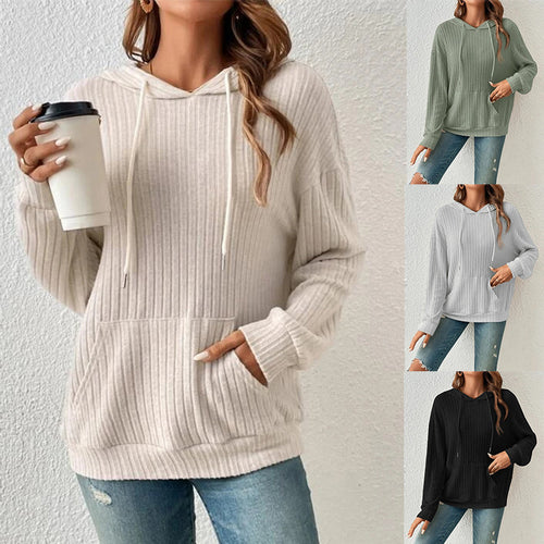 Damen Lässiger Waffle-Hoodie mit Kängurutasche und Kapuze EB