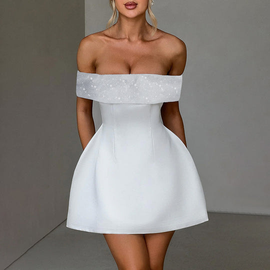 Damen Off-Shoulder Minikleid mit schimmerndem Bustier-Oberteil EB