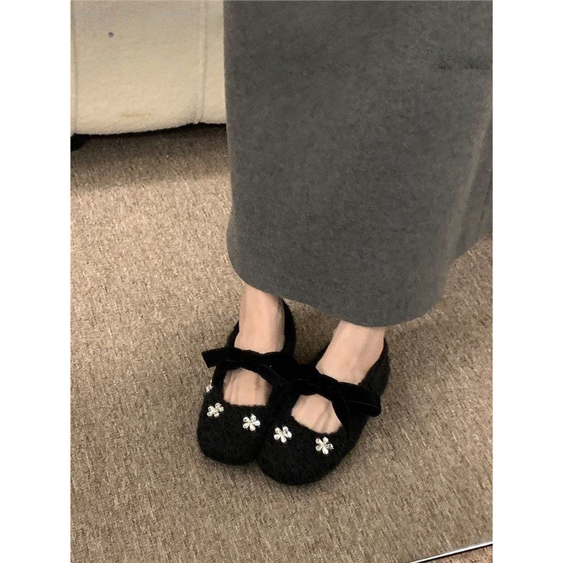 Damen modische Ballerinas mit floralem Dekor und Veloursdetails EB