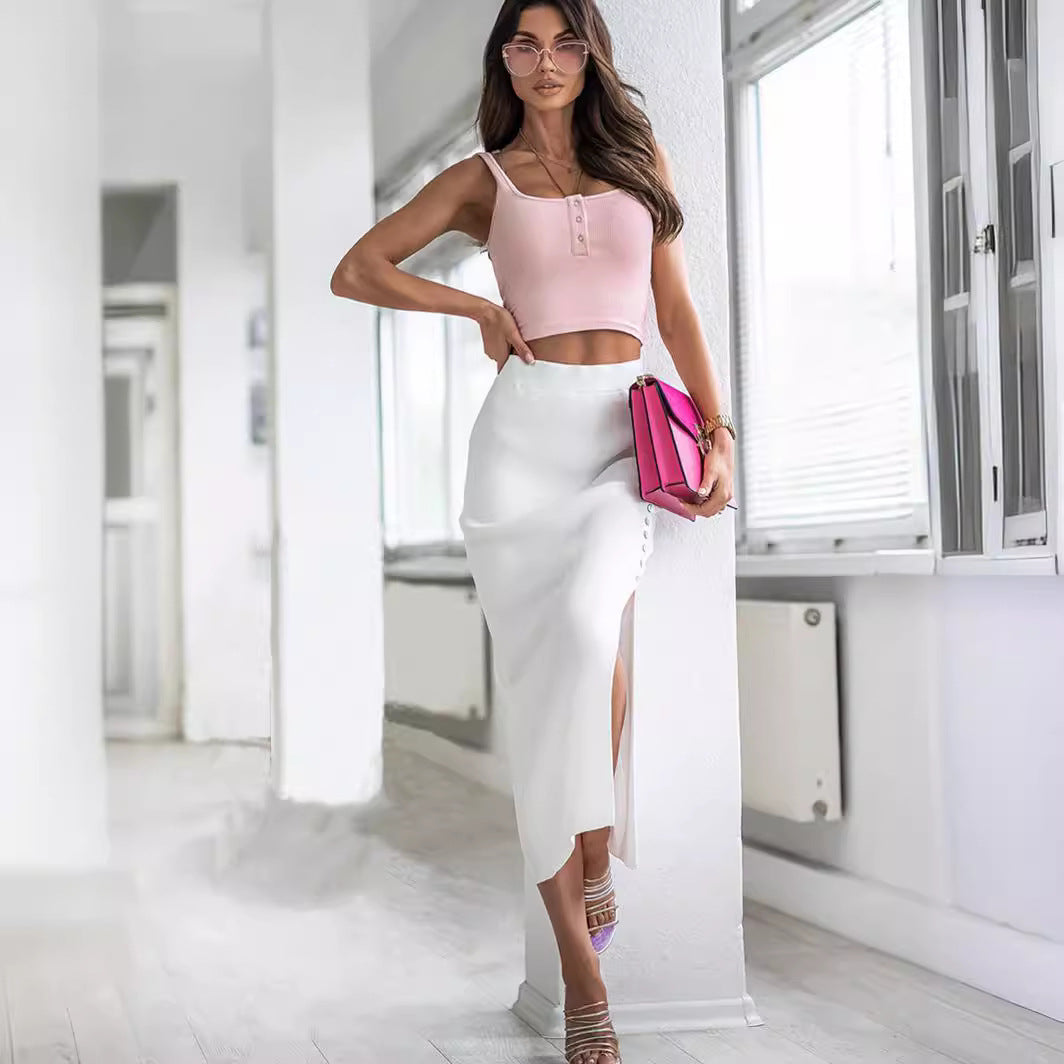 Damen Strickrock mit seitlichem Schlitz und Knopfleiste EB