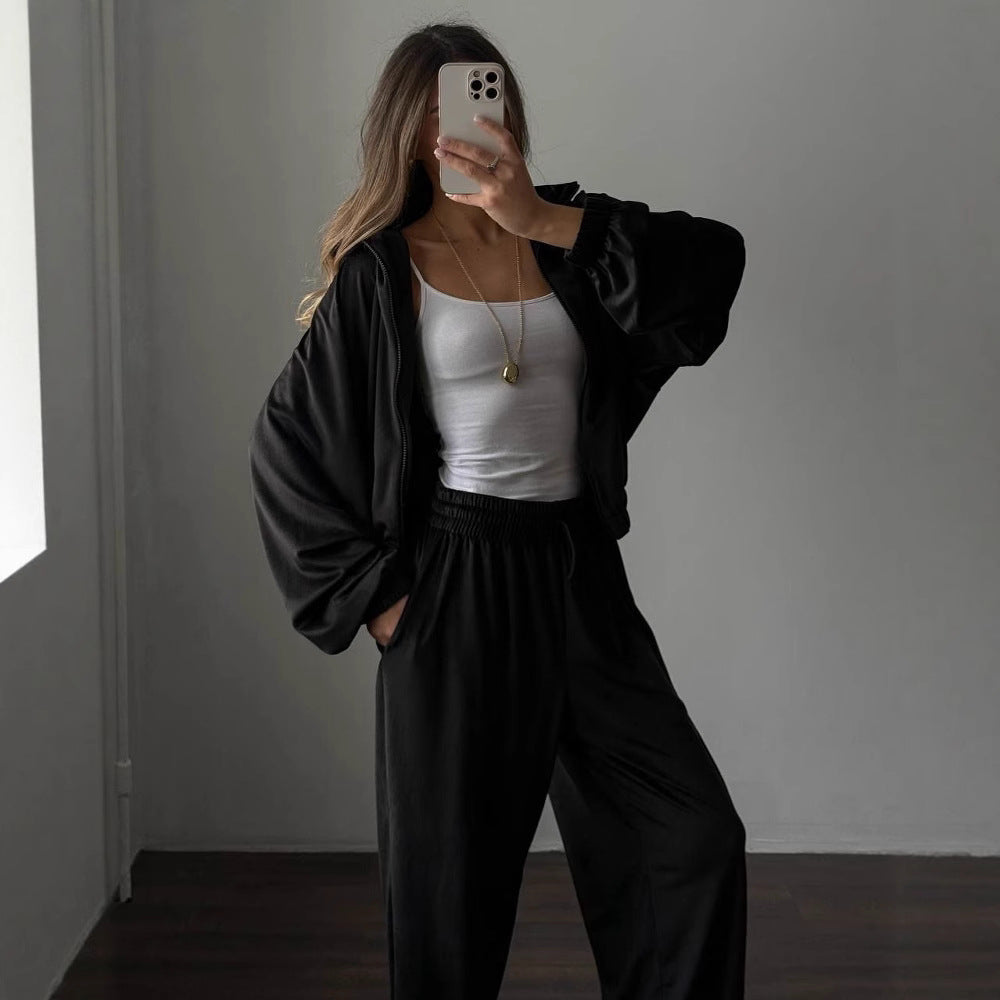 Damen lässiges Lounge-Zweiteiler Set mit Oversize Zipjacke und weitem Bundhose Eichborn Berlin