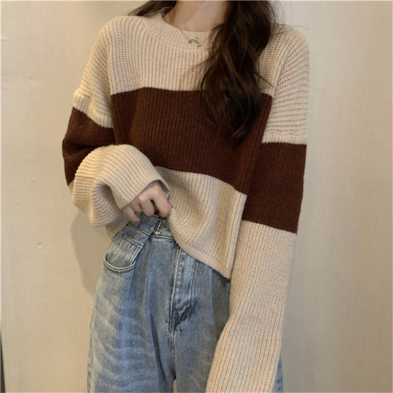 Damen Strickpullover mit weit geschnittenen Ärmeln und kontrastierendem Design EB