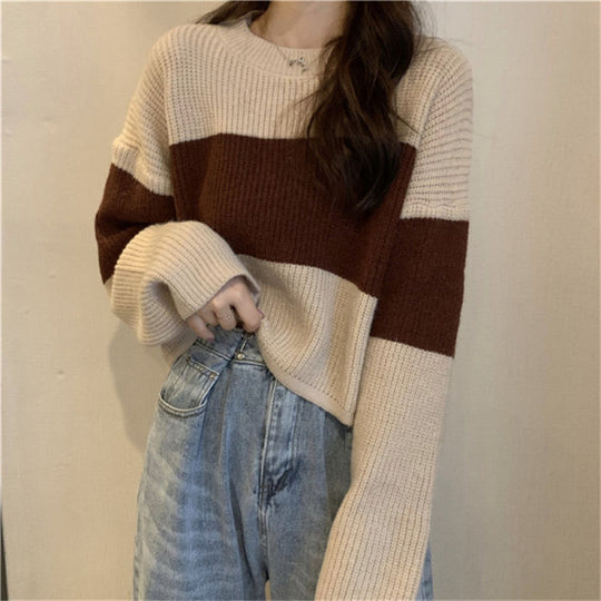 Damen Strickpullover mit weit geschnittenen Ärmeln und kontrastierendem Design EB