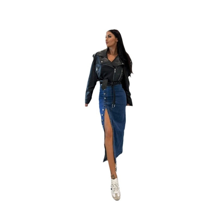 Damen Denim-Midirock mit seitlichem Schlitz und Knopfdetails EB