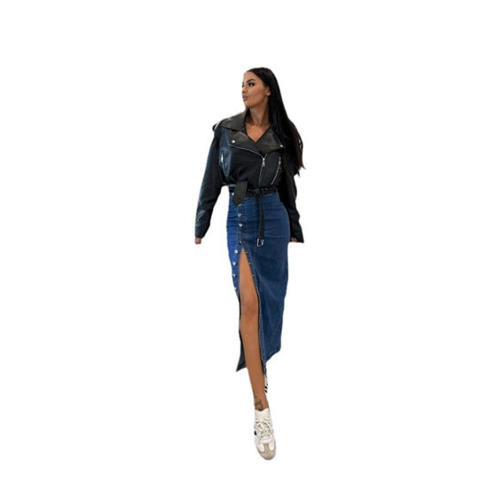 Damen Denim-Midirock mit seitlichem Schlitz und Knopfdetails EB