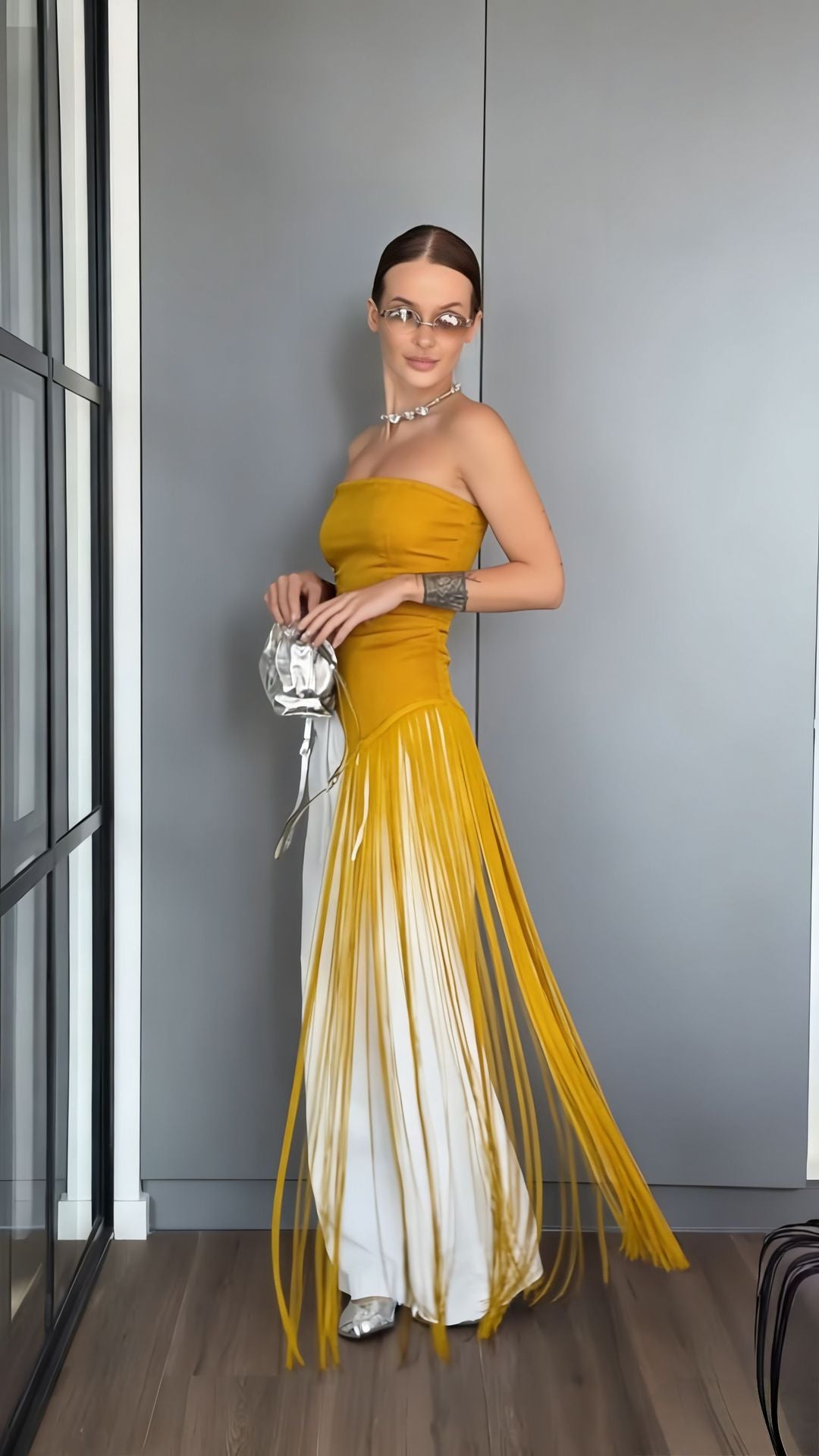 Damen Maxikleid mit schimmerndem Fransen-Design EB
