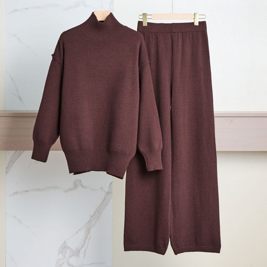 Damen Gemütliches Strickensemble mit hohem Kragen und weit geschnittenen Hosen EB