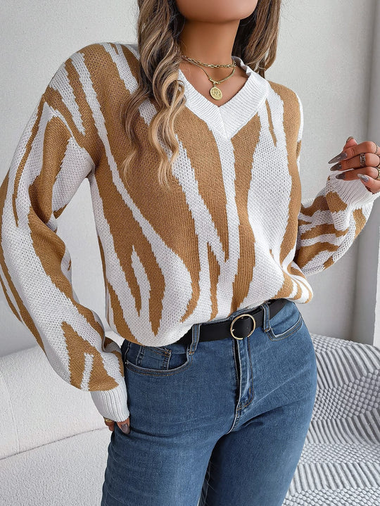 EB | Strickpullover mit Muster V-ausschnitt Design Trendy und Bequem