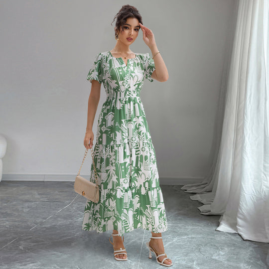 Damen Maxikleid mit tropischem Print und Rüschendetails EB
