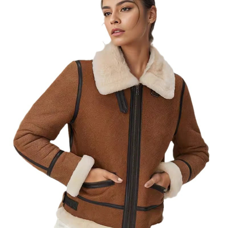 Damen trendige Faux-Fur-Jacke mit lässigem Schnitt und praktischen Taschen EB