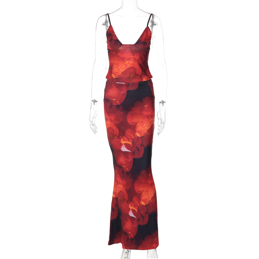 Damen Elegantes Maxikleid mit floralem Muster und Spaghetti-Trägern EB