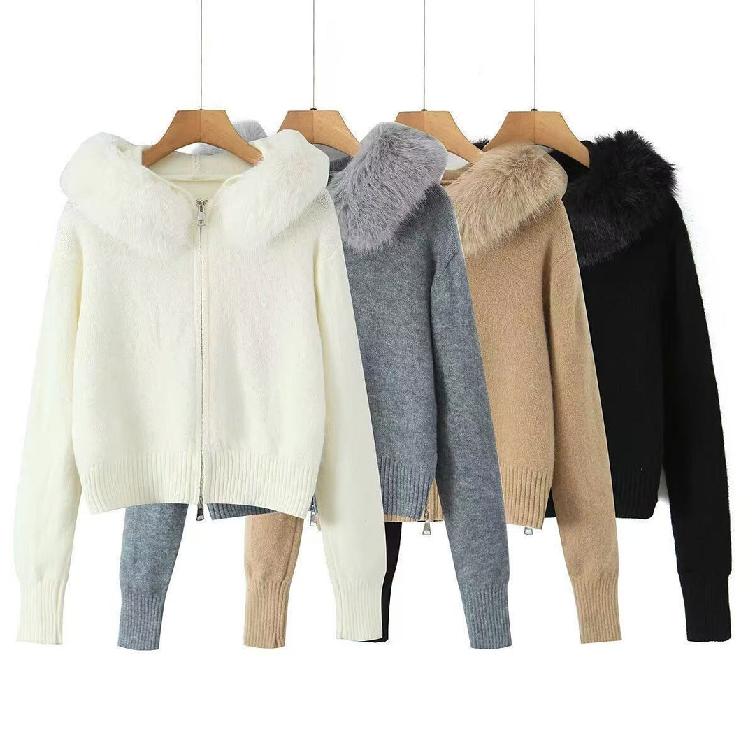 Damen Strickjacke mit luxuriösem Kunstfellkragen und Reißverschluss EB