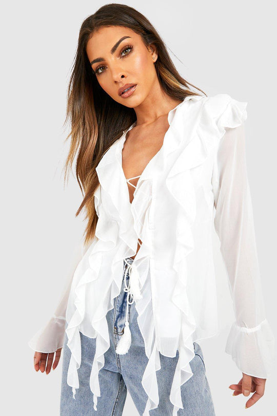Damen Rüschenshirt mit eleganten Schnürdetails und transparenten Ärmeln EB