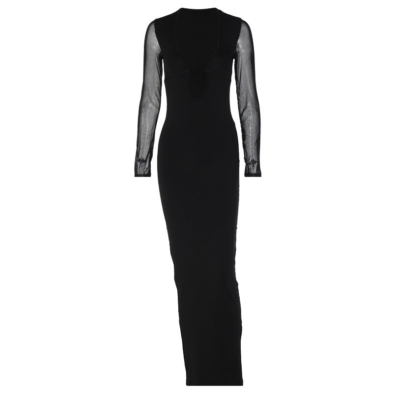 Damen elegantes Maxikleid mit tiefem V-Ausschnitt und transparenten Ärmeln EB