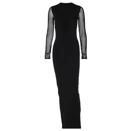Damen elegantes Maxikleid mit tiefem V-Ausschnitt und transparenten Ärmeln EB