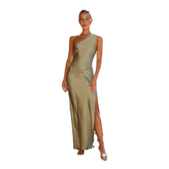 Damen Maxikleid mit asymmetrischem Design und elegantem Satin-Finish EB