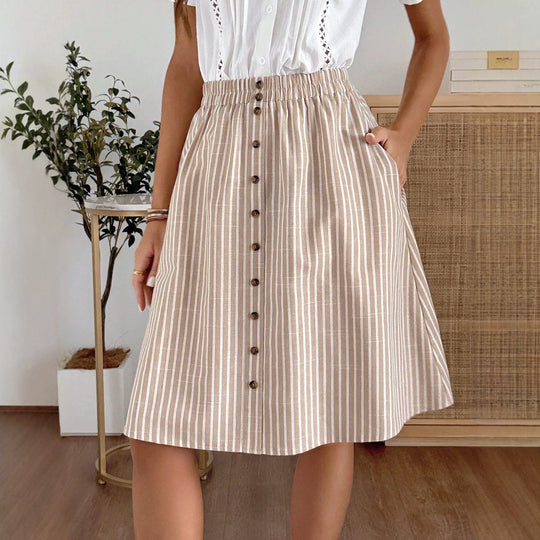 Damen Midi-Rock mit knöpfen und elastischem Bund EB