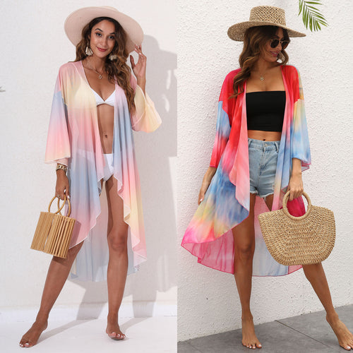 Damen eleganter Strandkimono mit buntem Tie-Dye-Design EB