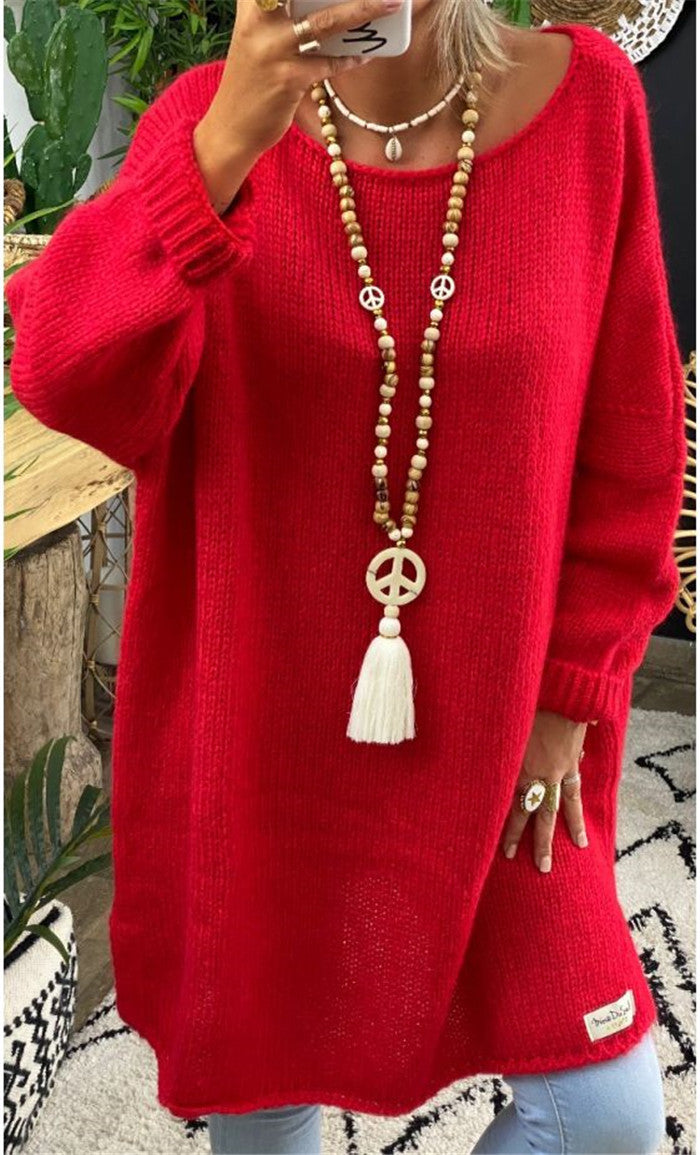 Damen lässiger Langarmstrickpullover im Oversized-Stil mit seitlichen Schlitzen EB