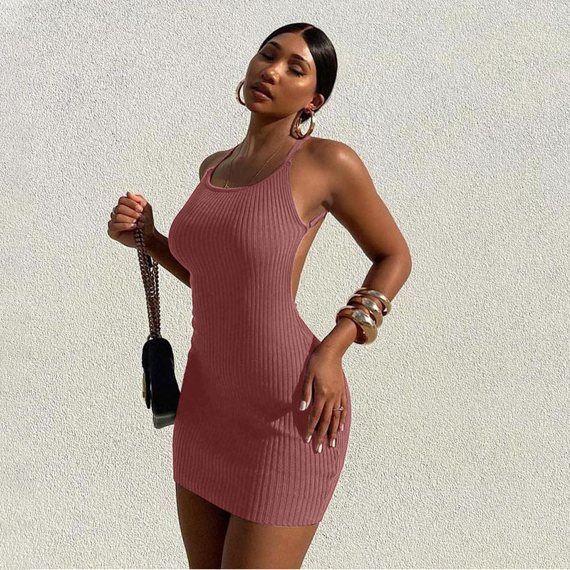 Damen figurbetontes Rippenkleid mit verstellbaren Spaghettiträgern EB