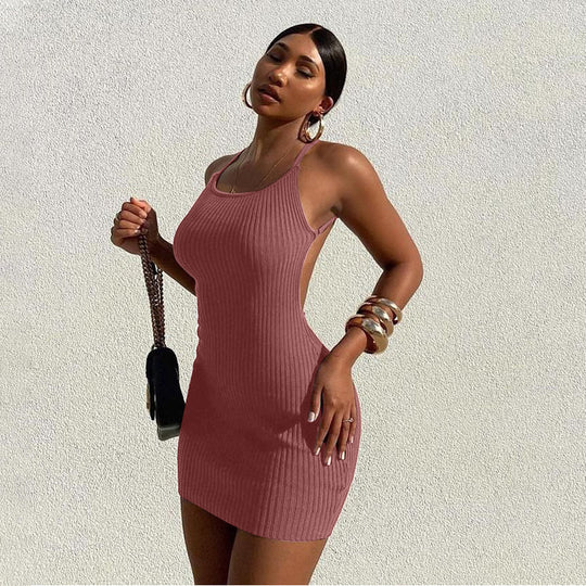 Damen figurbetontes Rippenkleid mit verstellbaren Spaghettiträgern EB