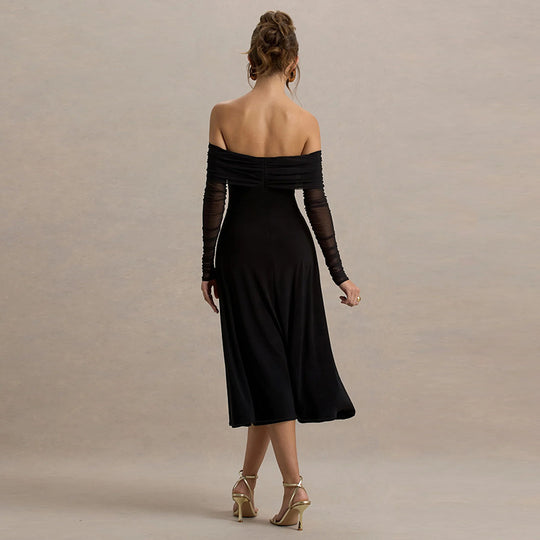 Damen elegantes schulterfreies Midikleid mit Rüschendetails und transparenten Ärmeln EB