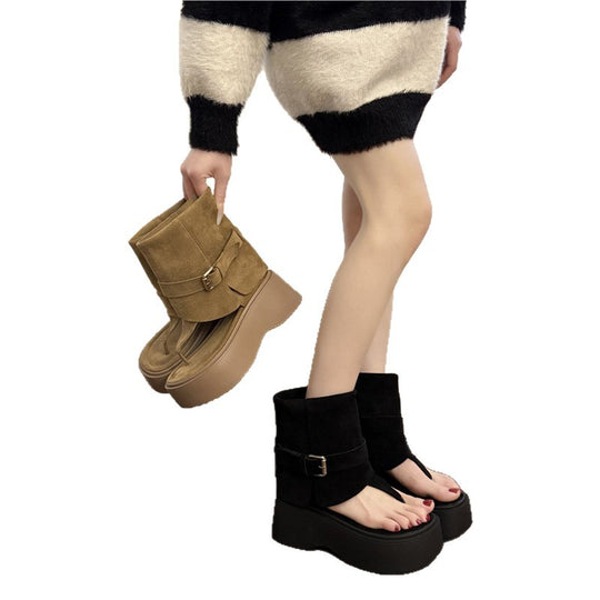 Damen Plateau-Stiefel mit geschwungenem Riemendesign EB