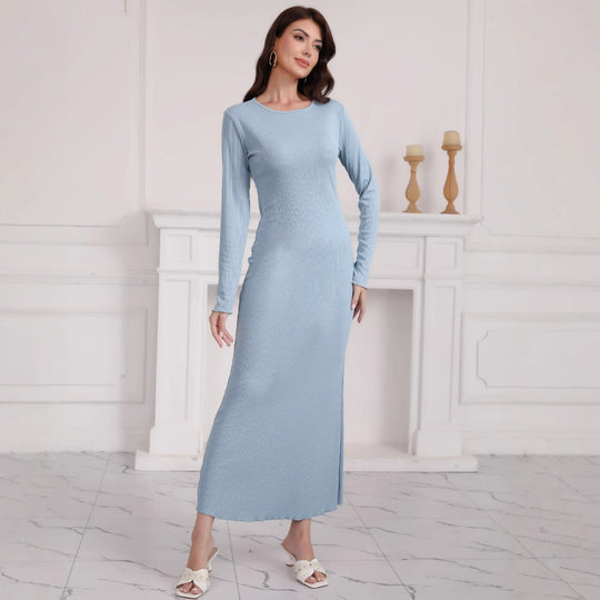 Damen Langarm Maxikleid aus hochwertigem Rippstrickstoff mit elegantem Schlitz EB