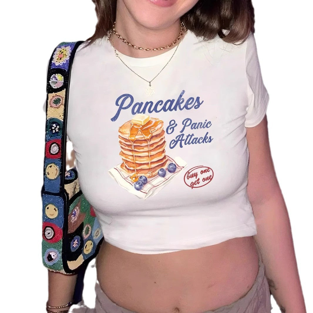 Damen Crop-T-Shirt mit humorvollem Pfannkuchen-Design EB