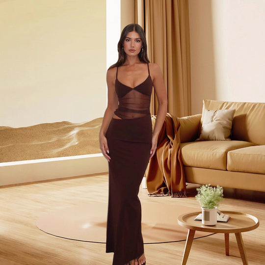 Damen Elegantes Stretch-Maxikleid mit transparenten Einsätzen und spaghetti Trägern EB