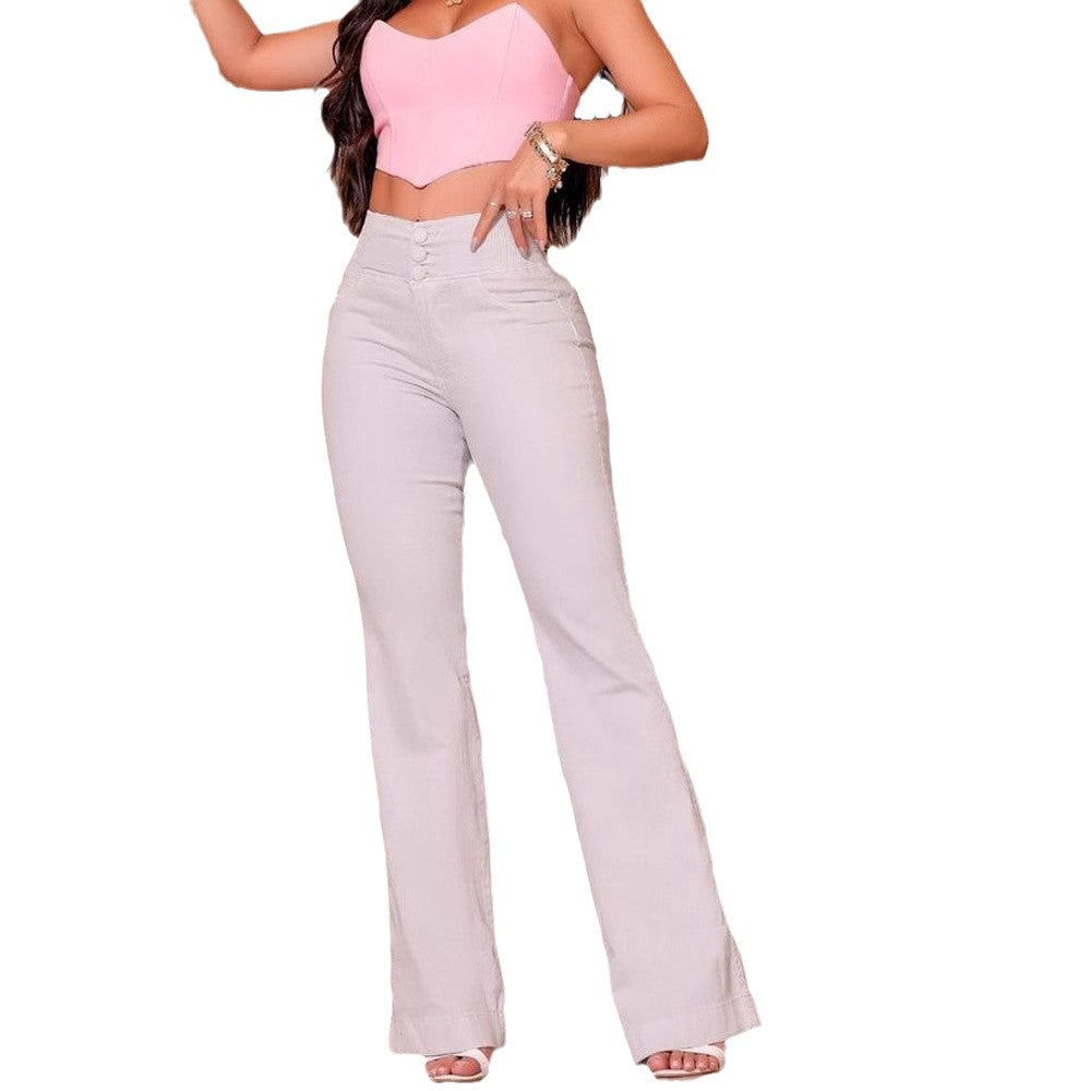 Damen nan hochtaillierte Stretch Flared Hose mit breitem Komfortbund und figurformenden Nähten EB