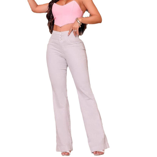 Damen nan hochtaillierte Stretch Flared Hose mit breitem Komfortbund und figurformenden Nähten EB