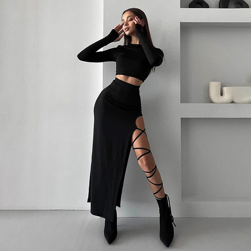 Damen elegantes Langarm-Oberteil mit hohem Bund und seitlichem Cut-Out EB