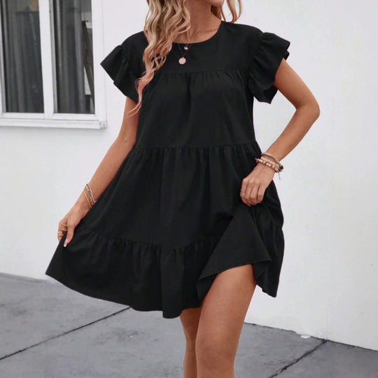 Damen luftiges Minikleid mit voluminösem Volant und lässigem Schnitt EB