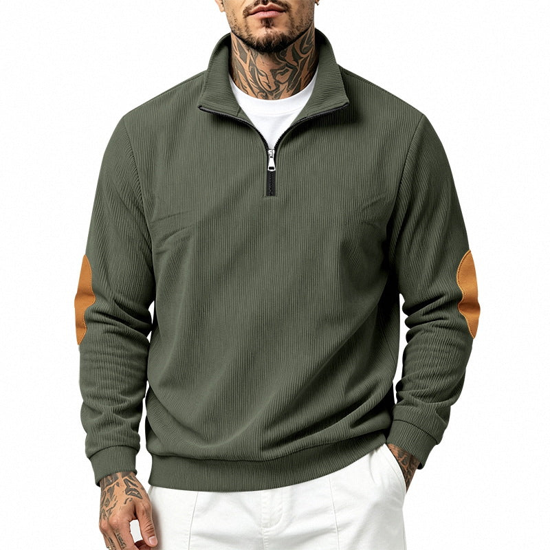 Herren nan Halbzip-Sweatshirt mit Stehkragen, feiner Waffelstruktur und Lederoptik-Ellenbogenpatchs EB
