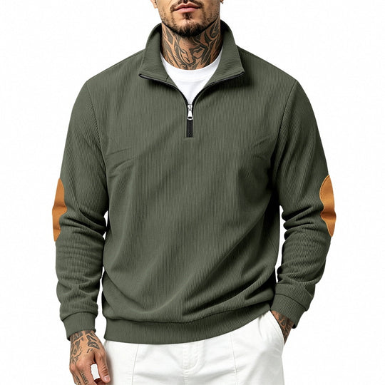 Herren nan Halbzip-Sweatshirt mit Stehkragen, feiner Waffelstruktur und Lederoptik-Ellenbogenpatchs EB
