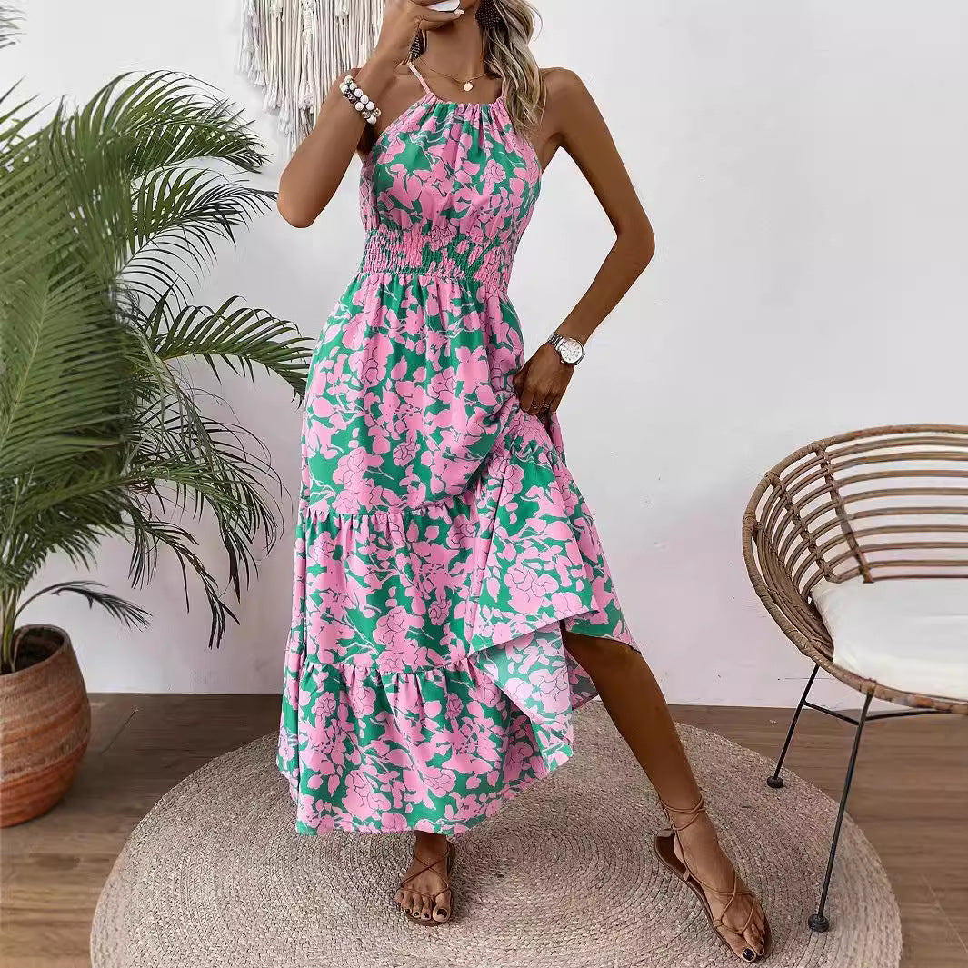 Damen Maxikleid mit floralem Muster und elastischem Tailleneinsatz EB