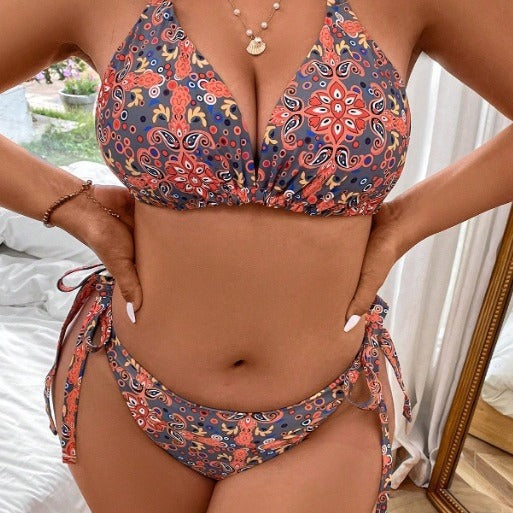 Damen Triangel-Bikini mit verspielten Knoten und farbenfrohem Muster EB