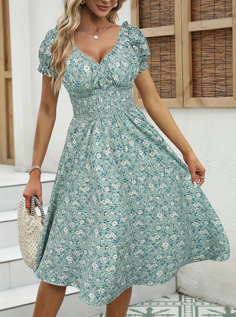 Damen Sommerliches Maxikleid mit Rüschendetails und elastischem Taillenbereich EB